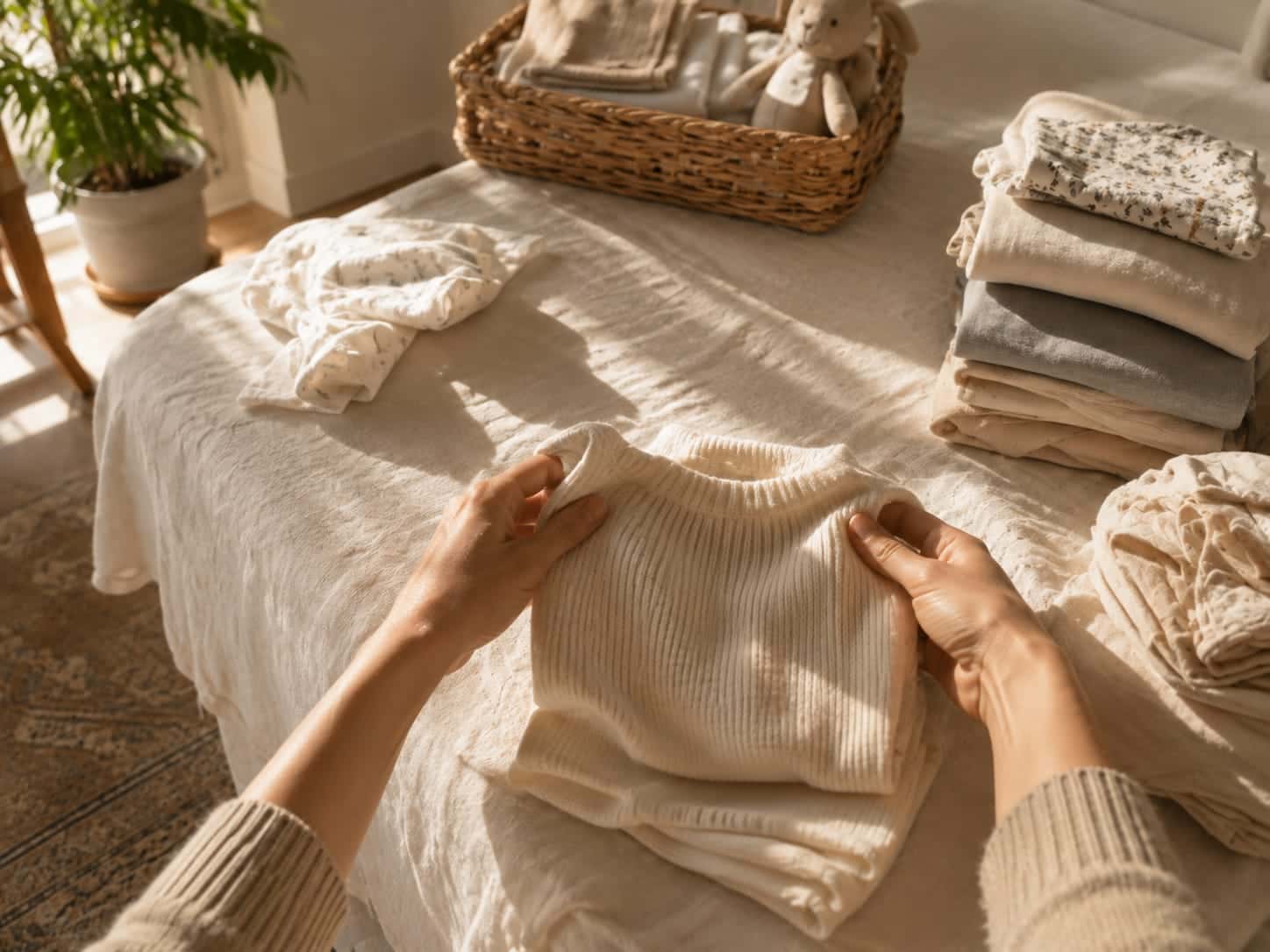 First-person view: hands folding a cream sweater on a linen bed